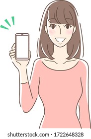 Illustration of a woman facing front showing a smiling smartphone screen