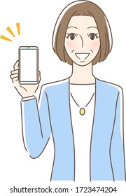 Illustration of a woman facing front showing a smiling smartphone screen