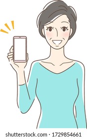 Illustration of a woman facing front showing a smiling smartphone screen