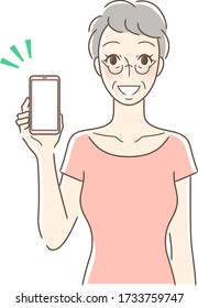 Illustration of a woman facing front showing a smiling smartphone screen