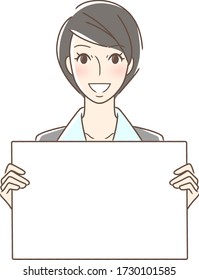 Illustration of a woman facing front with a smiling flip