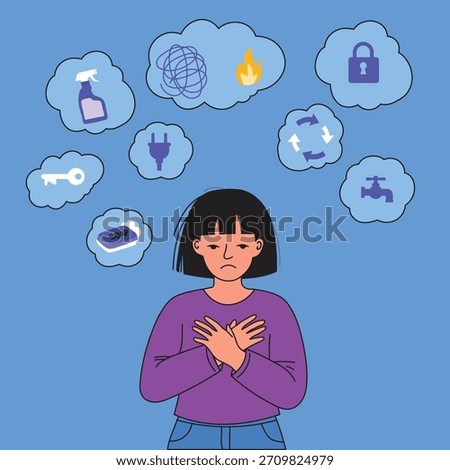 Illustration of a woman feeling anxious while surrounded by symbolic thought bubbles related to cleaning, checking, contamination and repetitive worries, representing obsessive-compulsive disorder.
