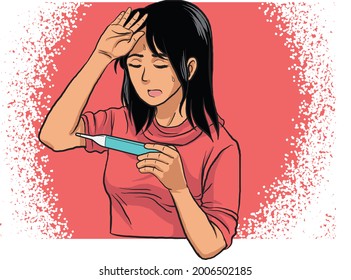 illustration of woman felling symptoms of illness while look at thermometer, get sick, fever - vector