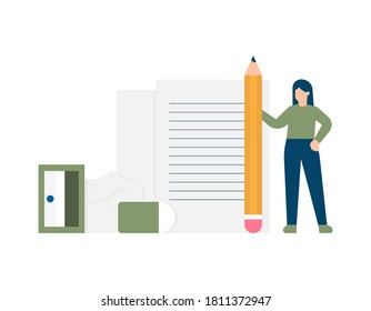 illustration of a woman or female student holding a pencil and standing next to paper assignments, an eraser, and a pencil sharpener. school and course concepts. flat style. UI design elements