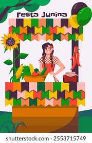 Illustration of a woman at a Festa Junina stall with colorful flags, balloons, and traditional foods like corn and peppers.