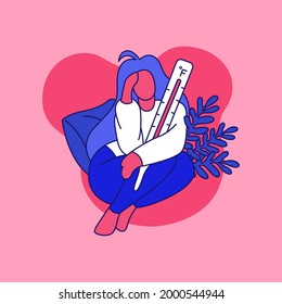 Illustration of a woman with a fever carrying a thermometer