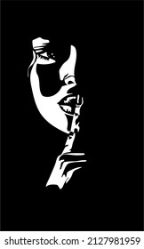 illustration of woman with finger in mouth making silence sign.