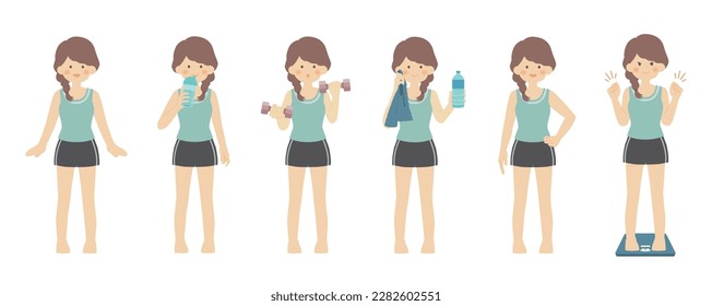 Illustration of a woman in fitness clothes set vector material.