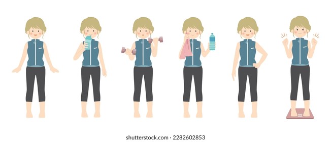 Illustration of a woman in fitness clothes set vector material.
