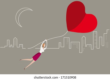 Illustration of Woman floating away holding a balloon shaped like a heart