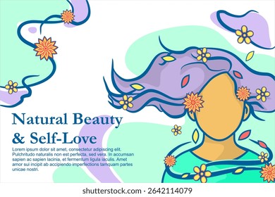 Illustration of Woman with Floral Hair, Natural Beauty and Self-Love Concept, Modern Beauty Diversity Concept, for social media advertising posts, Promotional banners and flyers