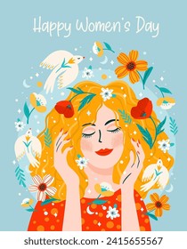 Illustration with woman, flowers and birds. Vector design concept for International Women s Day and other use