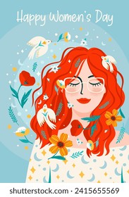 Illustration with woman, flowers and birds. Vector design concept for International Women s Day and other use