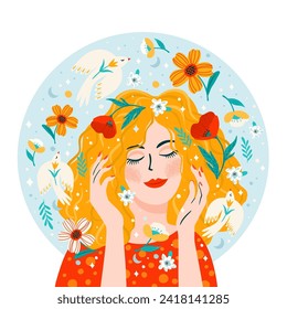 Illustration with woman, flowers and birds. Vector design concept for International Women s Day and other use