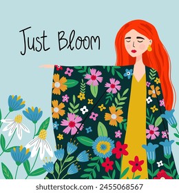 Illustration with woman, flowers with hand written lettering Just Bloom. International Women's Day. Equality and feminism Good for posters, t shirts, postcards.