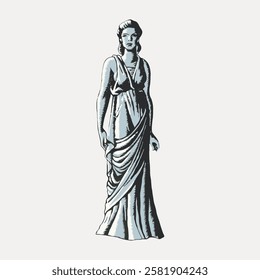 Illustration of a woman in a flowing dress, reminiscent of ancient Greek or Roman attire. The woman stands gracefully, exuding a classical, timeless elegance. Vintage woman illustration vector.