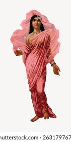 Illustration of a woman in a flowing pink dress and veil, exuding elegance and grace. The dress and veil create a soft, flowing appearance. Vintage character art illustration vector.