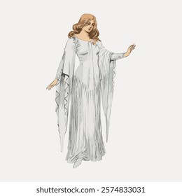 Illustration of a woman in a flowing white gown, with long hair. The elegant dress and graceful pose highlight the gown's flowing design. Vintage illustration isolated on white, vector.