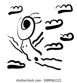 Illustration of a woman flying in the clouds. Linear abstract drawing