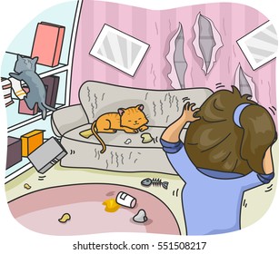 Illustration of a Woman Freaking Out Over the Mess and Damage That Her Cats Caused