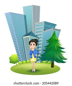 Illustration of a woman in front of the building on a white background