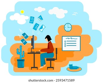illustration of a woman in front of a computer working from home
