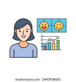 Illustration of a woman front of graph with happy facial expressions.