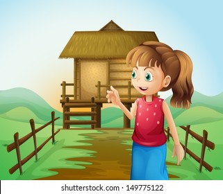 Illustration of a woman in front of the nipa hut in the farm