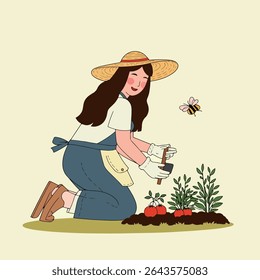 Illustration of a woman gardening, planting seedlings with a trowel, surrounded by bees. She wears a hat, apron, and gloves.
