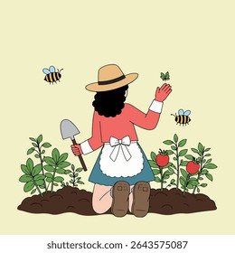 Ilustração de uma mulher jardinagem, plantio de mudas com uma espátula, cercado por abelhas. Ela usa chapéu, avental e luvas.
