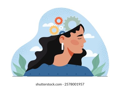 Illustration of a woman with gears inside her head, symbolizing creativity and thinking, with a blue background, plants, and clouds. Concept of imagination. Vector illustration