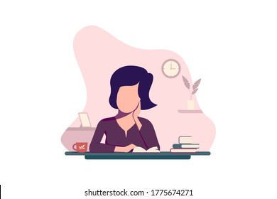 Illustration of a woman getting bored with the contents of the book she read