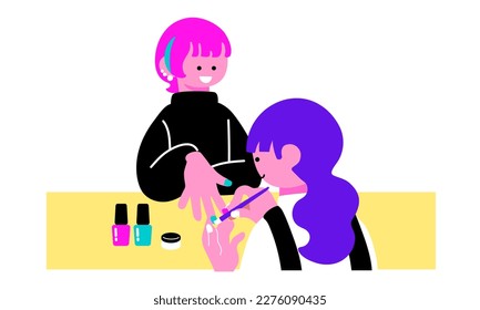 Illustration of a woman getting her nails done at a nail salon.