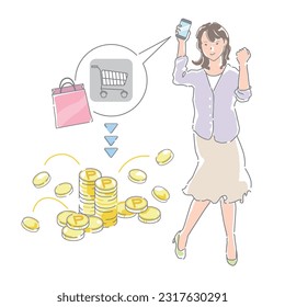 illustration of a woman getting points by purchasing goods online