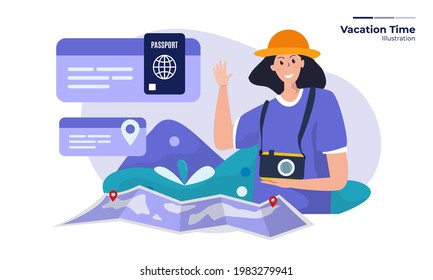 Illustration of a woman getting ready for vacation day concept