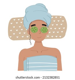 An illustration of a woman getting Spa treatment. Girl laying down with a towel on her head and cucumber slices on her face. Self care concept. Beauty routine.