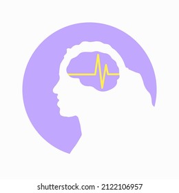 Illustration of woman or girl brain encephalography medical vector icon on human head isolated on white background. Stroke, epilepsy and Alzheimer s awareness, seizure disorder, stroke, ADHD