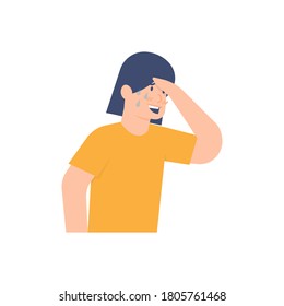 illustration of a woman or girl holding her forehead, feeling hot and feeling unwell. tired, sweating, fever or chills, thirsty, sick. flat style. UI design elements