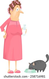 Illustration of a Woman Giving Milk to Her Pet Cat