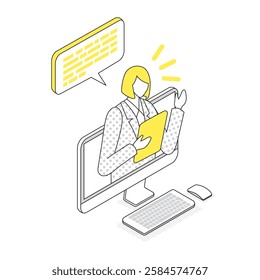 An illustration of a woman giving an online presentation, suitable for remote work, online seminars, education, and business meetings.