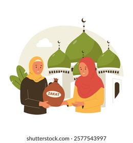 Illustration of a woman is giving zakat. Illustrations for websites, landing pages, mobile apps, posters and banners. Trendy flat vector illustrations