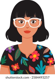 Illustration of a woman with glasses and floral shirt