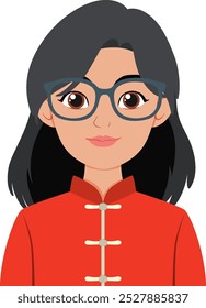 Ilustración de una mujer en gafas y atuendo rojo