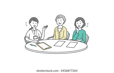 Illustration of a woman and a grandmother receiving explanations from a care manager