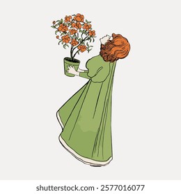 Illustration of a woman in a green dress holding a potted plant with orange flowers. The woman has red hair and is in a stylized, artistic pose. Vintage illustration isolated on white, vector.