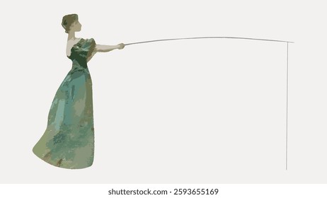 Illustration of a woman in a green dress holding a long rod. The woman in the dress appears elegant. The dress and rod are central to the image's theme. Vintage woman vector.