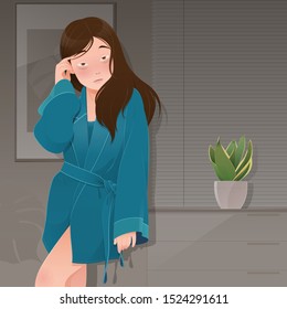 illustration woman in green robe suffering from insomnia in the room at night, People who wake up late, Cartoon and vector