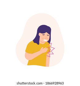 illustration of woman grimacing in pain and holding her chest. people suffering from heart disease or heart attack, lung disease, pain in the chest, cholesterol. flat style. design elements