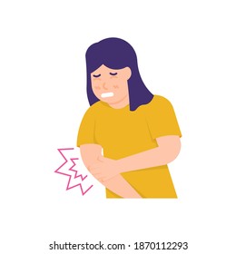 illustration of a woman grimacing in pain and holding her hand in pain. experiencing pain in the right hand due to injury. flat style. design elements