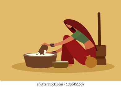 Illustration of a woman grinding flour in the old traditional way